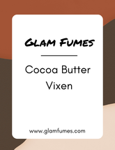 A product card featuring the brand name 'Glam Fumes' and the perfume and body oil 'Cocoa Butter Vixen', describing it as a body oil and perfume.